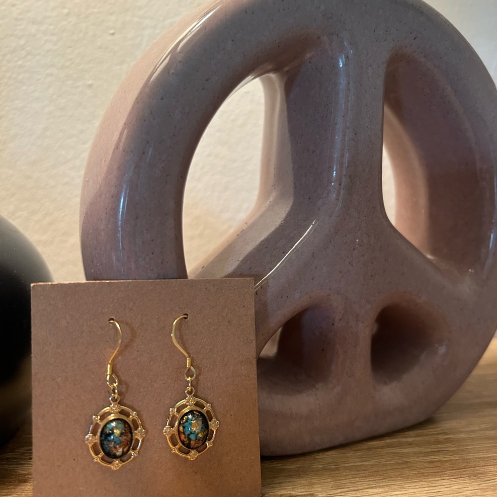 ✨ VTG, Rainbowflake Earrings Pierced Dangles Turquoise Gold Flakes - Picture 5 of 15
